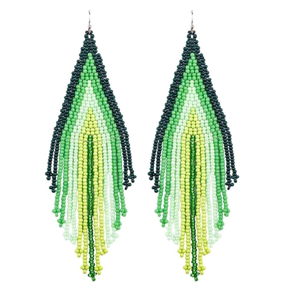 Green Bohemian Seed Bead Tassel Dangling Statement French Wire Hook Earrings